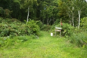 避難小屋の横から登山道へ