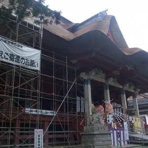 萱葺き屋根の葺き替え中