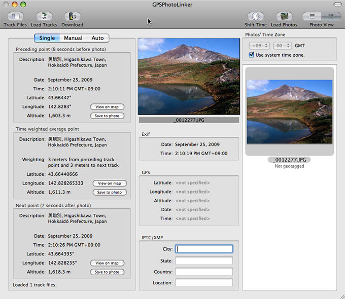 シングルモードで写真にジオタグ情報を埋め込んでいる様子